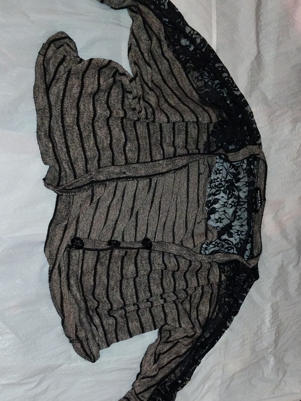 About A Girl Sheer Lace-Back Striped Shrug in Black and Tan